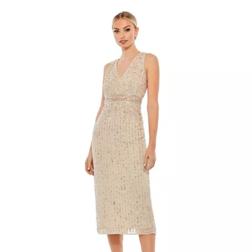 Mac Duggal Sequined Sleeveless V-Neck Midi Sheath Dress 0